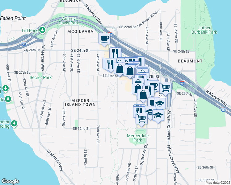 map of restaurants, bars, coffee shops, grocery stores, and more near 104 Southeast 29th Street in Mercer Island
