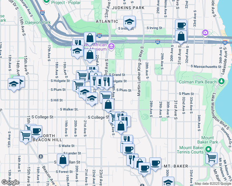 map of restaurants, bars, coffee shops, grocery stores, and more near 2101 South Hill Street in Seattle