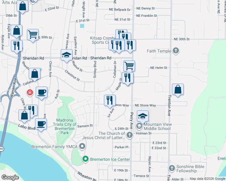 map of restaurants, bars, coffee shops, grocery stores, and more near 2604 Fir Avenue in Bremerton