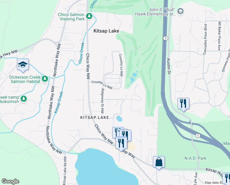 map of restaurants, bars, coffee shops, grocery stores, and more near 4079 Ridgeway Place in Bremerton