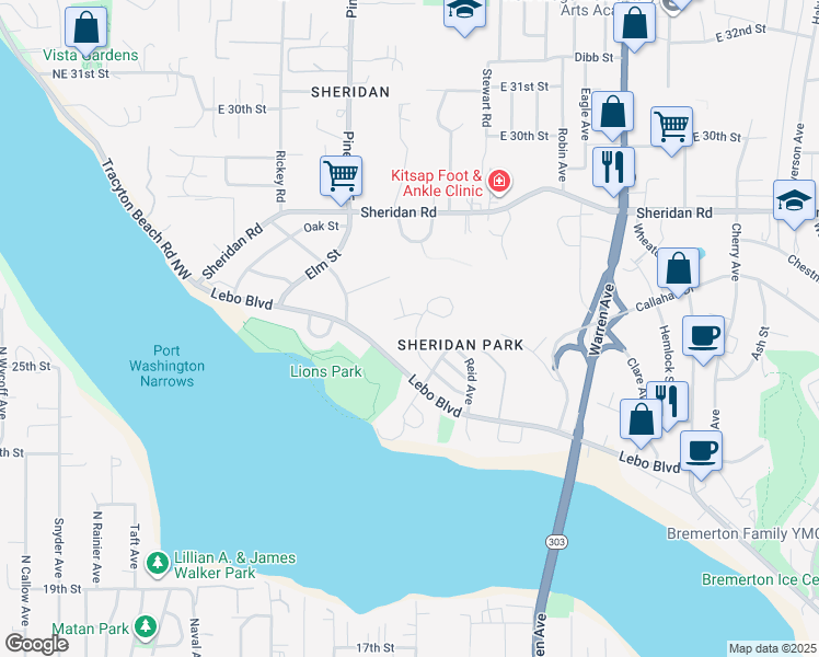 map of restaurants, bars, coffee shops, grocery stores, and more near 307 Willow Street in Bremerton