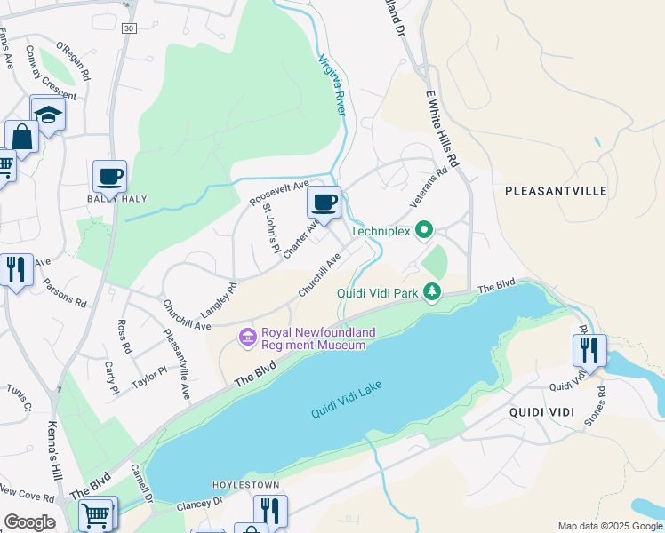 map of restaurants, bars, coffee shops, grocery stores, and more near 28 Augusta Court in St. John's