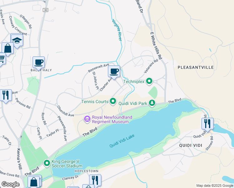 map of restaurants, bars, coffee shops, grocery stores, and more near 28 Augusta Court in St. John's