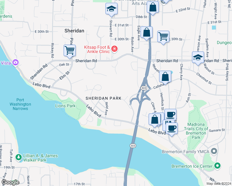 map of restaurants, bars, coffee shops, grocery stores, and more near 506 Juniper Street in Bremerton