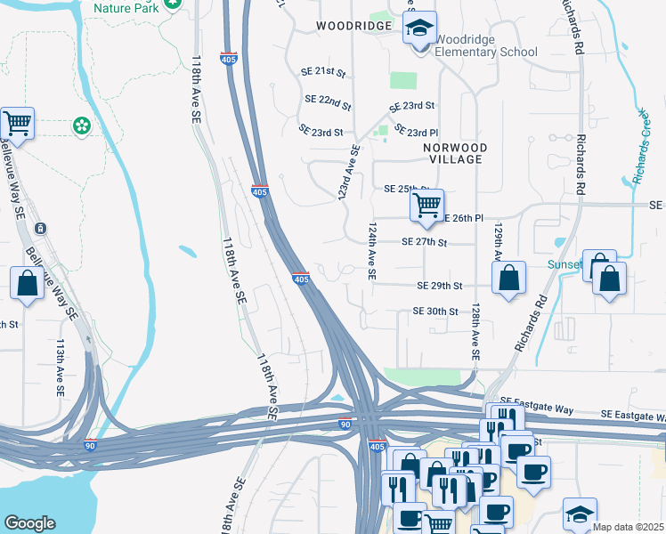 map of restaurants, bars, coffee shops, grocery stores, and more near 12123 Southeast 27th Street in Bellevue