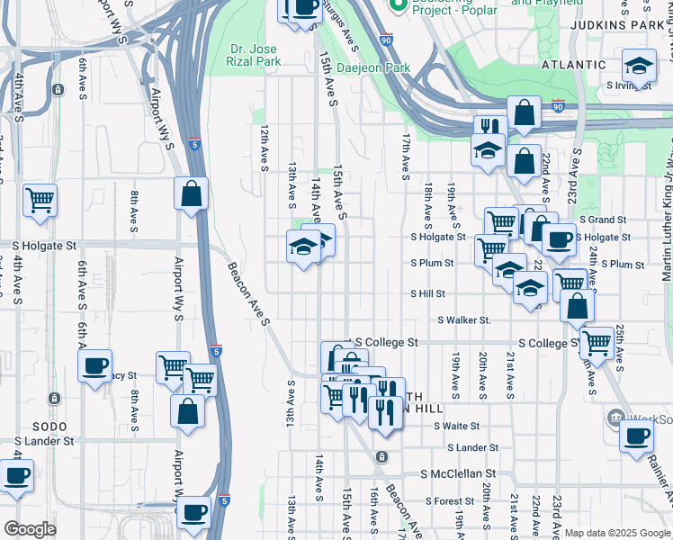 map of restaurants, bars, coffee shops, grocery stores, and more near 1912 14th Avenue South in Seattle