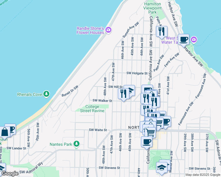 map of restaurants, bars, coffee shops, grocery stores, and more near 1924 48th Avenue Southwest in Seattle