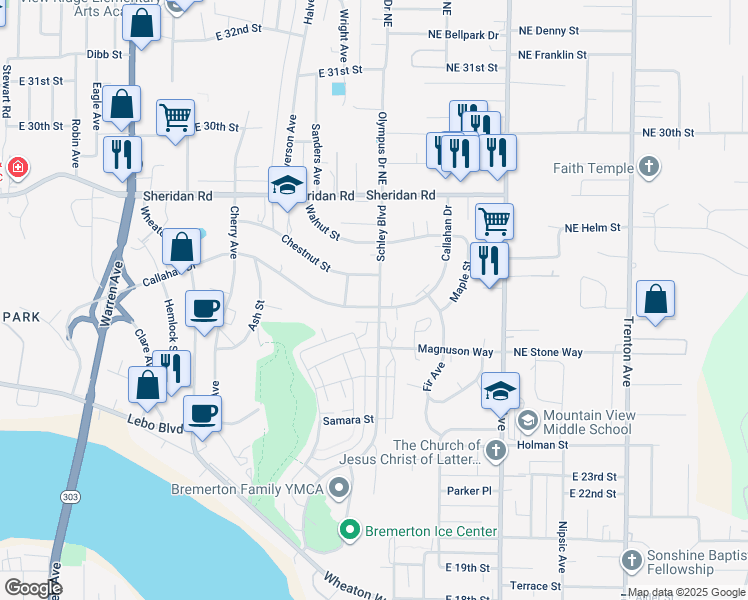 map of restaurants, bars, coffee shops, grocery stores, and more near 2212 Schley Boulevard in Bremerton