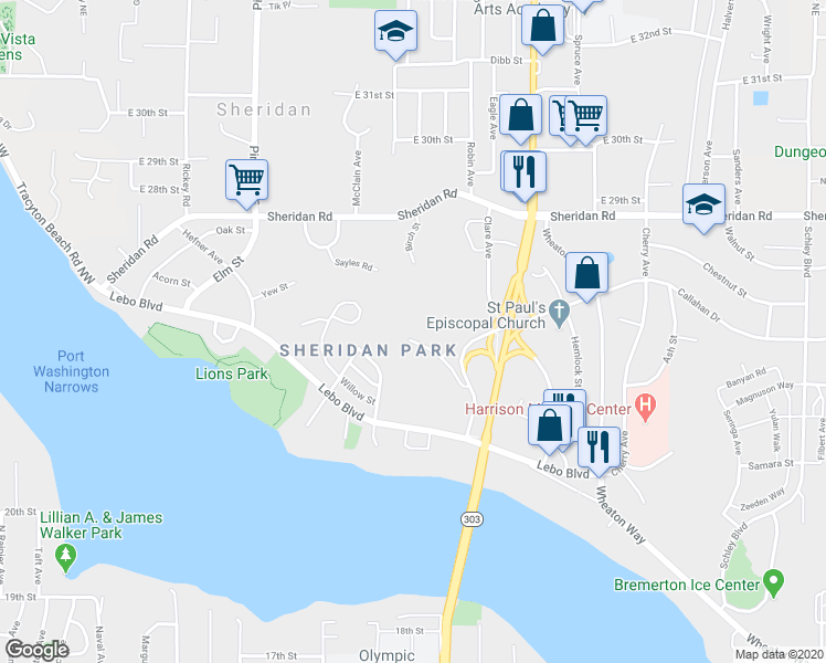 map of restaurants, bars, coffee shops, grocery stores, and more near 2800 Birch Street in Bremerton