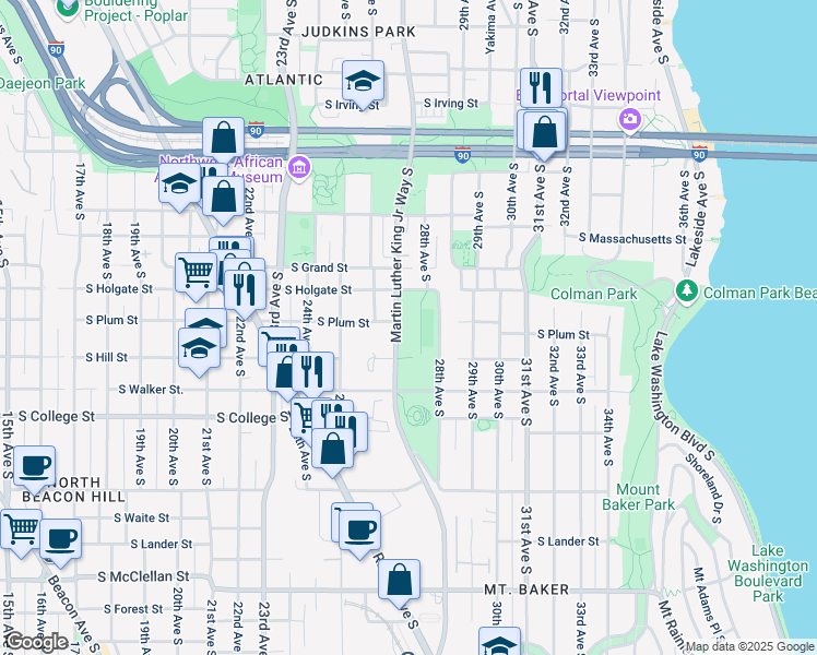 map of restaurants, bars, coffee shops, grocery stores, and more near 2000 Martin Luther King Junior Way South in Seattle