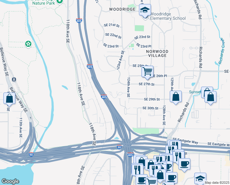 map of restaurants, bars, coffee shops, grocery stores, and more near 12123 Southeast 27th Street in Bellevue