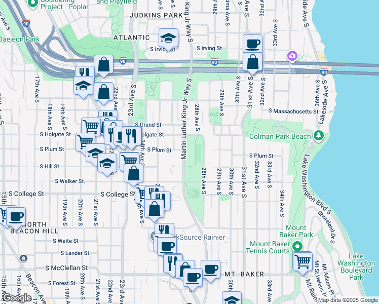 map of restaurants, bars, coffee shops, grocery stores, and more near 2000 Martin Luther King Junior Way South in Seattle