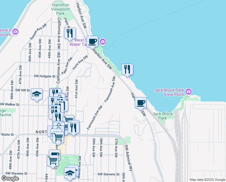 map of restaurants, bars, coffee shops, grocery stores, and more near 2100 Fairmount Avenue Southwest in Seattle