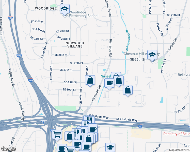 map of restaurants, bars, coffee shops, grocery stores, and more near 12935 Southeast 26th Place in Bellevue