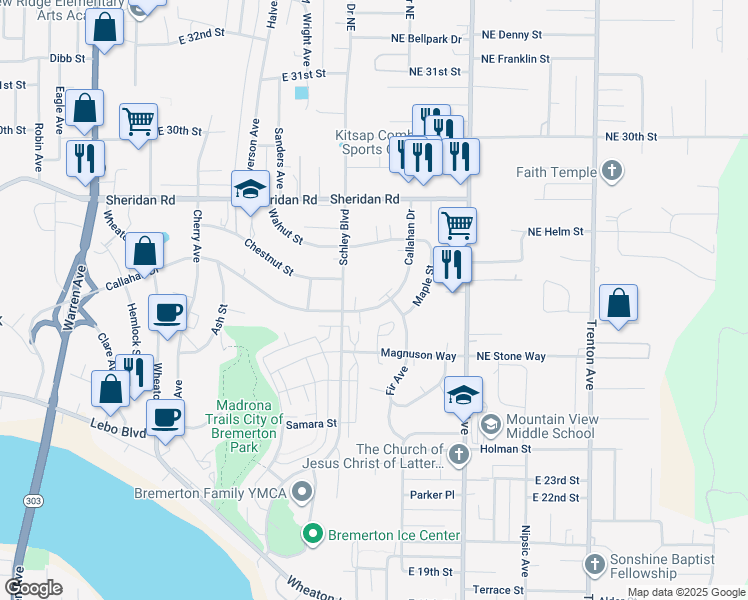 map of restaurants, bars, coffee shops, grocery stores, and more near 2710 Schley Boulevard in Bremerton