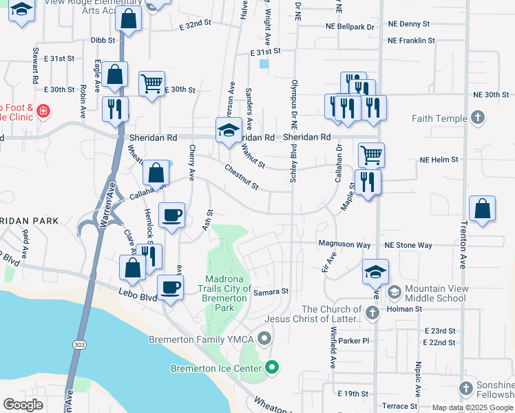 map of restaurants, bars, coffee shops, grocery stores, and more near 1035 Chestnut Street in Bremerton