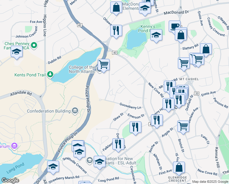 map of restaurants, bars, coffee shops, grocery stores, and more near 13 Simms Street in St. John's