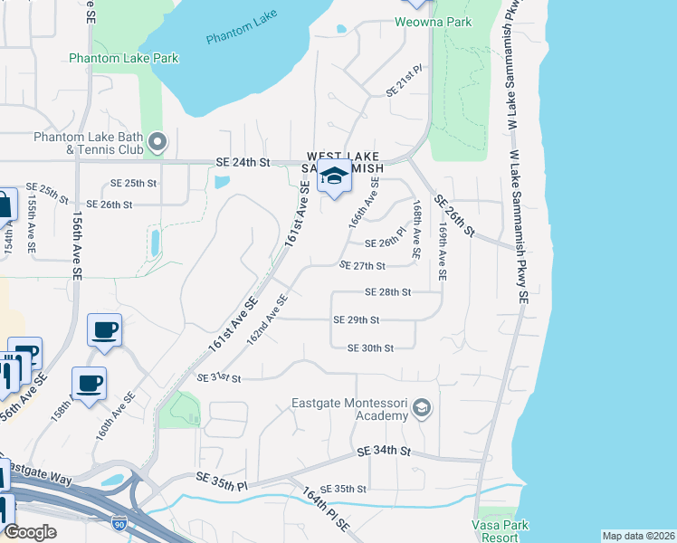 map of restaurants, bars, coffee shops, grocery stores, and more near 16601 Southeast 27th Street in Bellevue