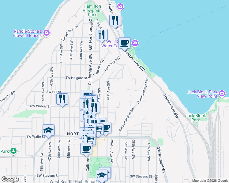 map of restaurants, bars, coffee shops, grocery stores, and more near 1926 41st Avenue Southwest in Seattle