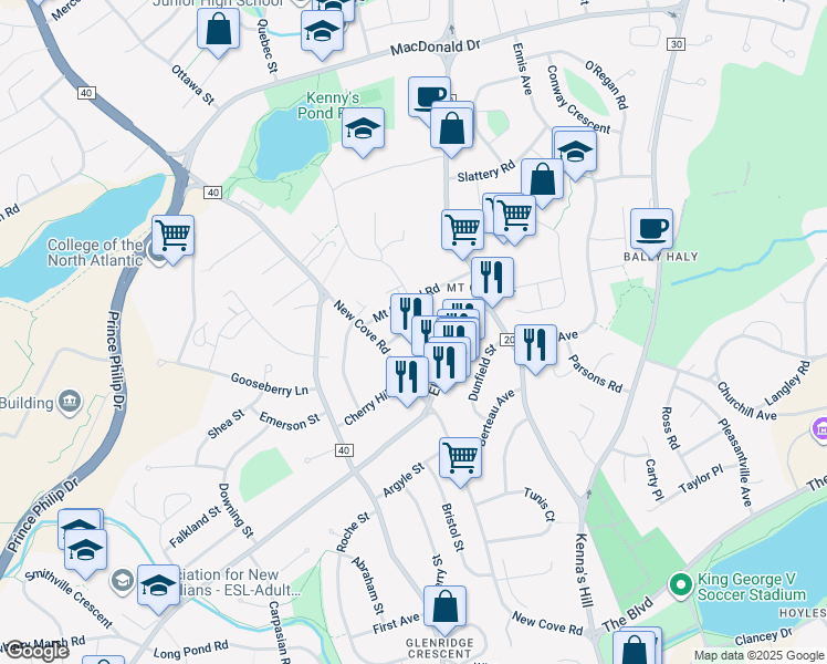map of restaurants, bars, coffee shops, grocery stores, and more near 15 Horwood Street in St. John's