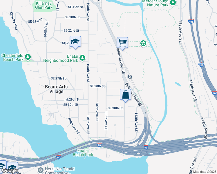 map of restaurants, bars, coffee shops, grocery stores, and more near 11004 Southeast 28th Place in Bellevue