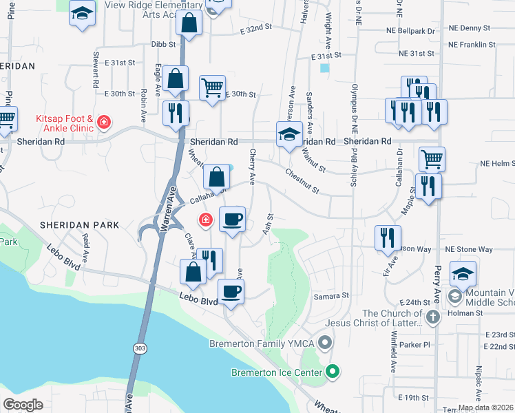 map of restaurants, bars, coffee shops, grocery stores, and more near 2642 Cherry Avenue in Bremerton
