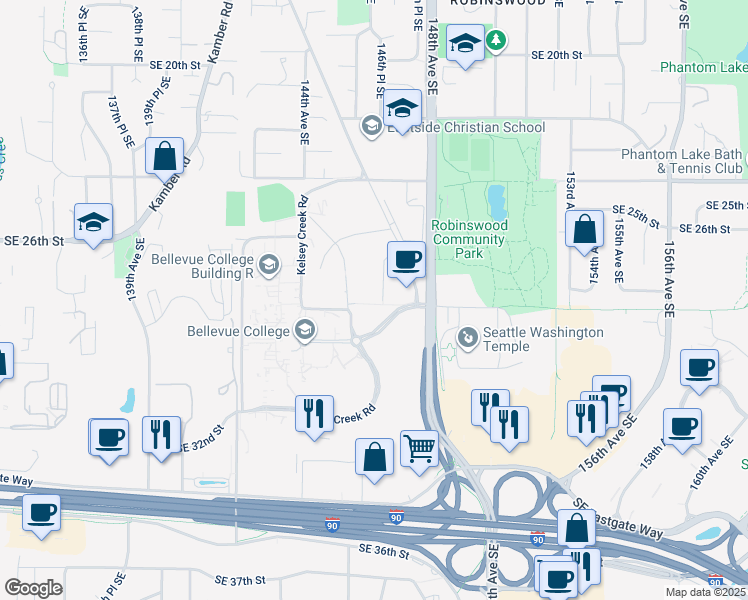 map of restaurants, bars, coffee shops, grocery stores, and more near 2653 146th Avenue Southeast in Bellevue