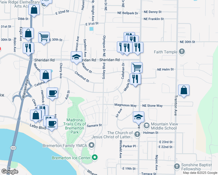 map of restaurants, bars, coffee shops, grocery stores, and more near 2710 Schley Boulevard in Bremerton