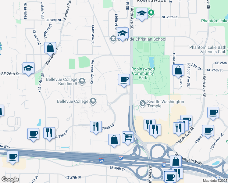 map of restaurants, bars, coffee shops, grocery stores, and more near 2653 146th Avenue Southeast in Bellevue