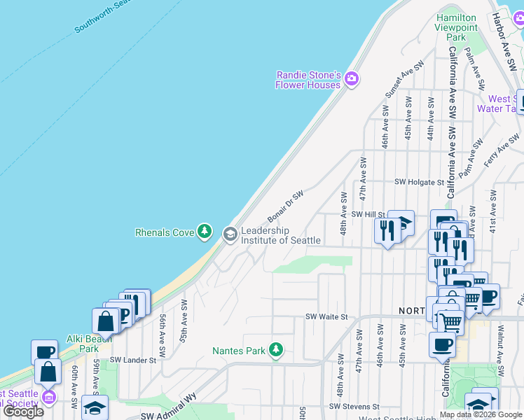 map of restaurants, bars, coffee shops, grocery stores, and more near 2104 Alki Avenue Southwest in Seattle