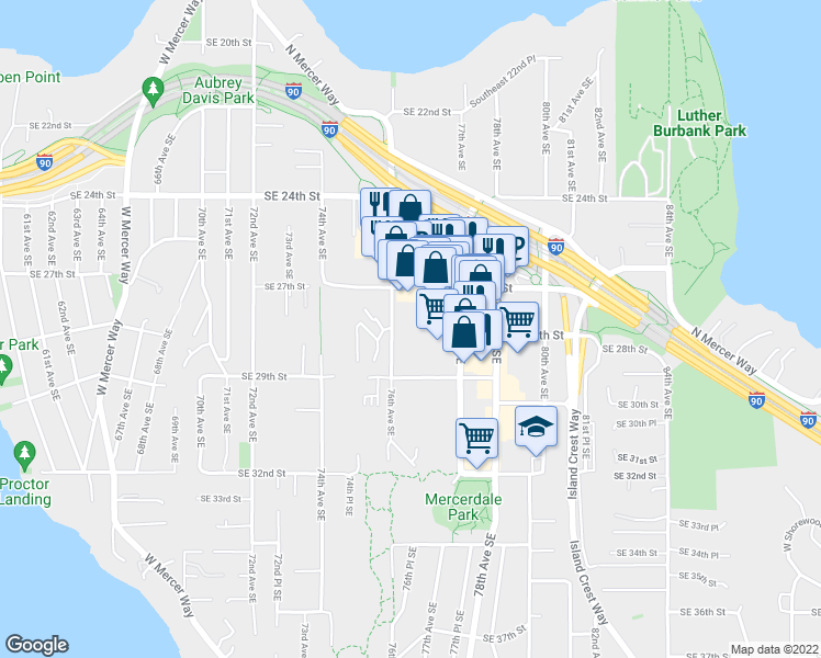 map of restaurants, bars, coffee shops, grocery stores, and more near 2720 76th Avenue Southeast in Mercer Island