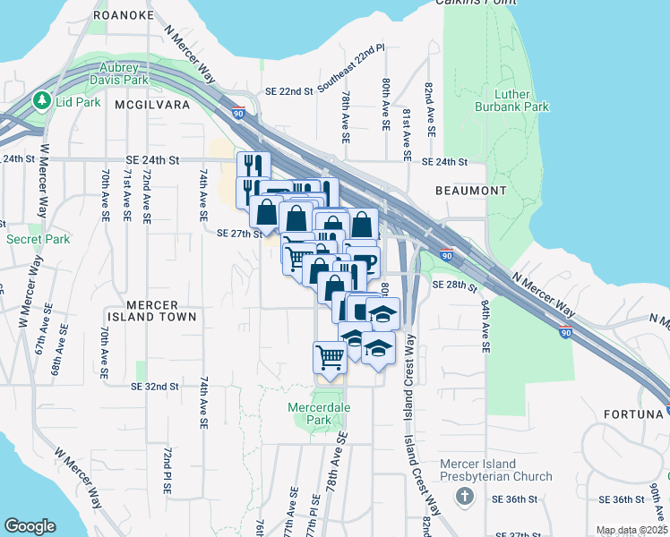 map of restaurants, bars, coffee shops, grocery stores, and more near 140 78th Avenue Southeast in Mercer Island