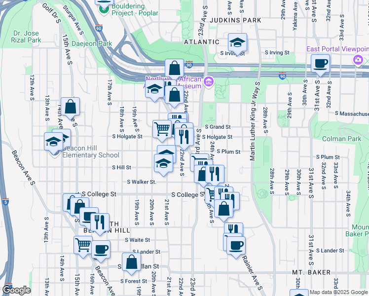 map of restaurants, bars, coffee shops, grocery stores, and more near 1915 Rainier Avenue South in Seattle