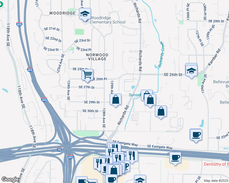 map of restaurants, bars, coffee shops, grocery stores, and more near 12935 Southeast 26th Place in Bellevue