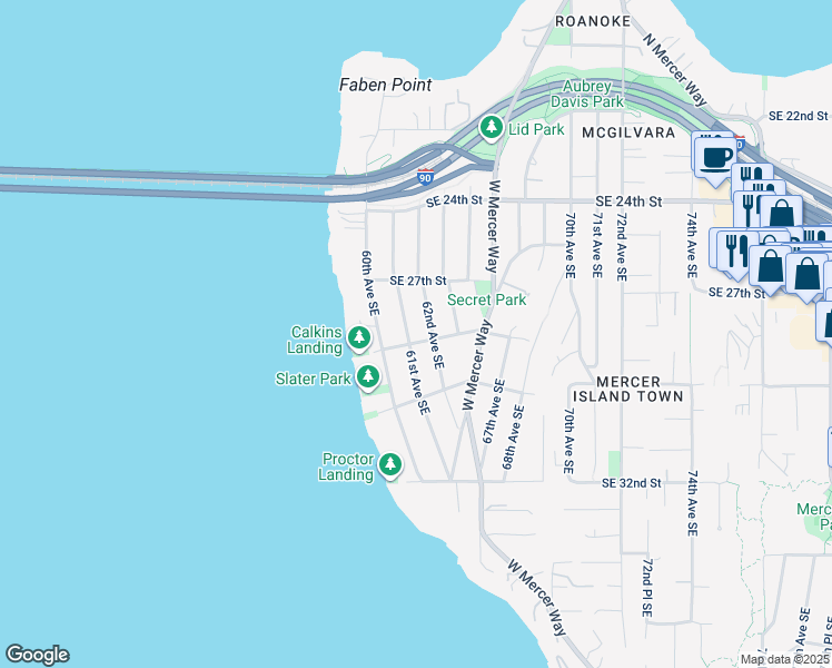 map of restaurants, bars, coffee shops, grocery stores, and more near 2735 61st Avenue Southeast in Mercer Island