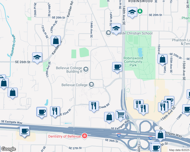 map of restaurants, bars, coffee shops, grocery stores, and more near 14420 Southeast 28th Street in Bellevue