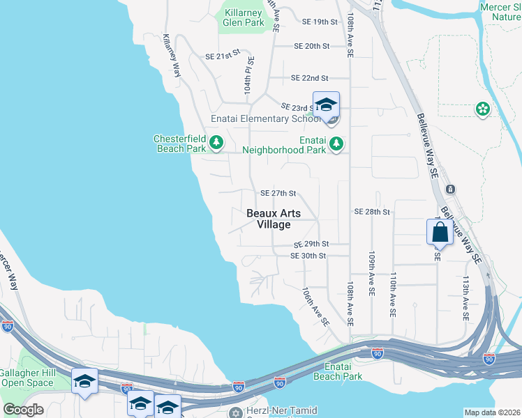 map of restaurants, bars, coffee shops, grocery stores, and more near 2720 104th Avenue Southeast in Beaux Arts Village