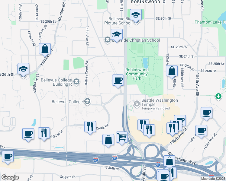 map of restaurants, bars, coffee shops, grocery stores, and more near 2658 146th Avenue Southeast in Bellevue