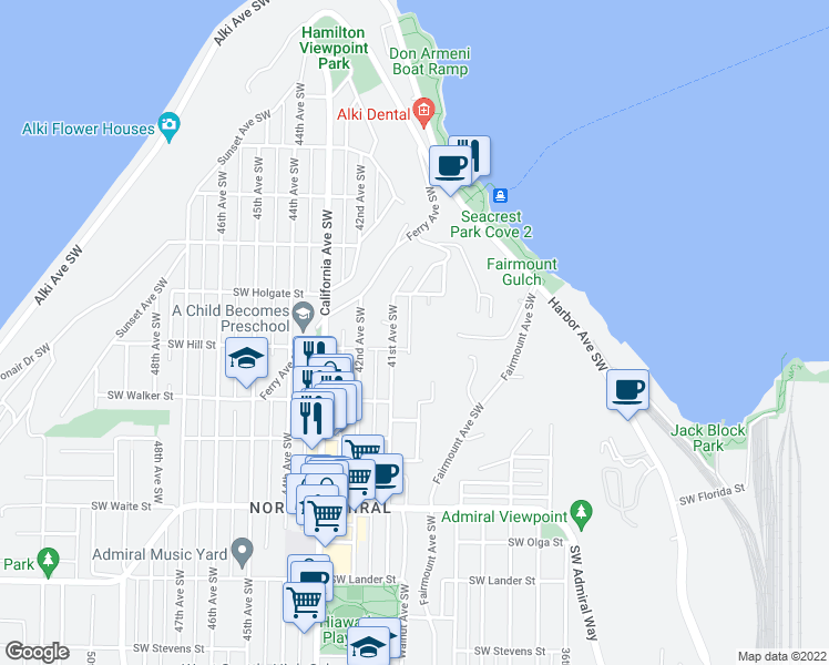 map of restaurants, bars, coffee shops, grocery stores, and more near 1933 Walnut Avenue Southwest in Seattle