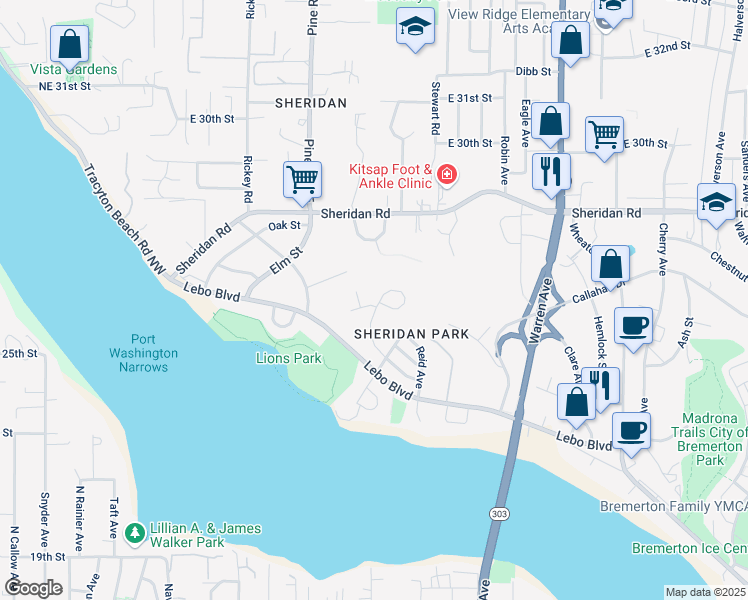 map of restaurants, bars, coffee shops, grocery stores, and more near 261 Willow Street in Bremerton