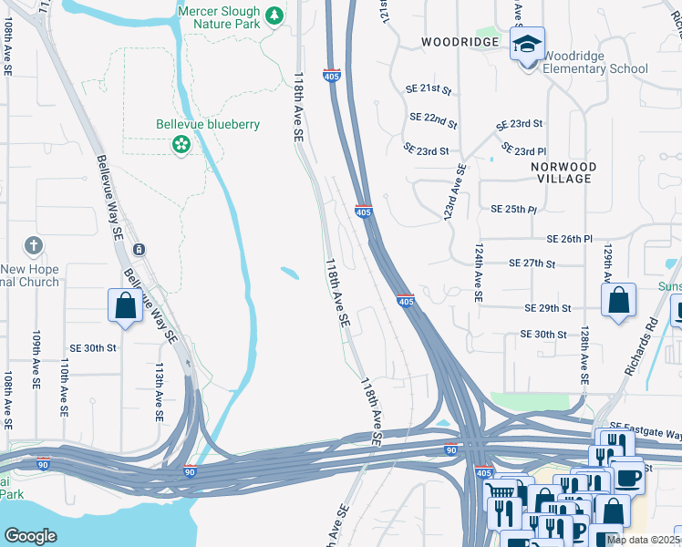map of restaurants, bars, coffee shops, grocery stores, and more near 2680 118th Avenue Southeast in Bellevue
