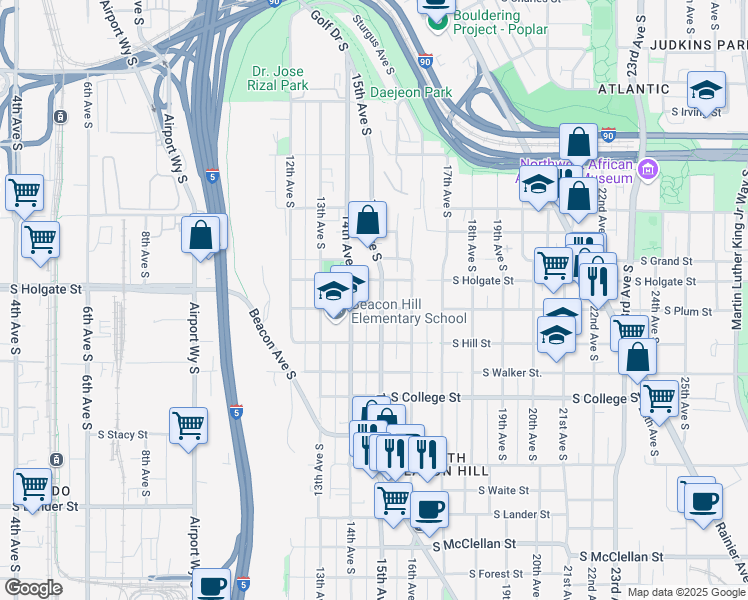 map of restaurants, bars, coffee shops, grocery stores, and more near 1912 15th Avenue South in Seattle