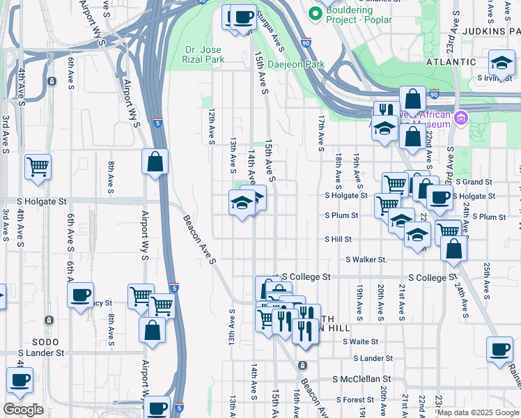 map of restaurants, bars, coffee shops, grocery stores, and more near 1912 14th Avenue South in Seattle