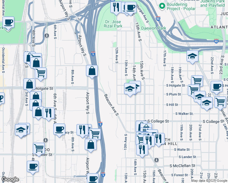 map of restaurants, bars, coffee shops, grocery stores, and more near 1911 12th Avenue South in Seattle