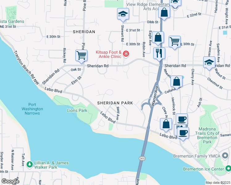 map of restaurants, bars, coffee shops, grocery stores, and more near 223 Willow Street in Bremerton