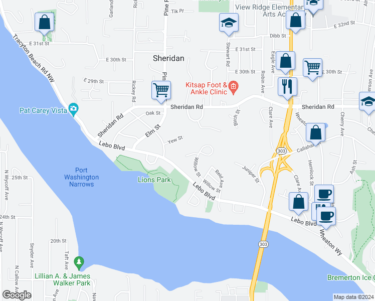 map of restaurants, bars, coffee shops, grocery stores, and more near 340 Hill Court in Bremerton