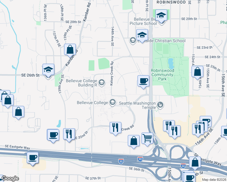 map of restaurants, bars, coffee shops, grocery stores, and more near 14420 Southeast 28th Street in Bellevue