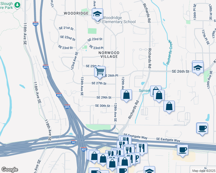 map of restaurants, bars, coffee shops, grocery stores, and more near 12631 Southeast 27th Street in Bellevue