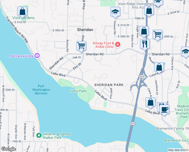 map of restaurants, bars, coffee shops, grocery stores, and more near 340 Hill Court in Bremerton