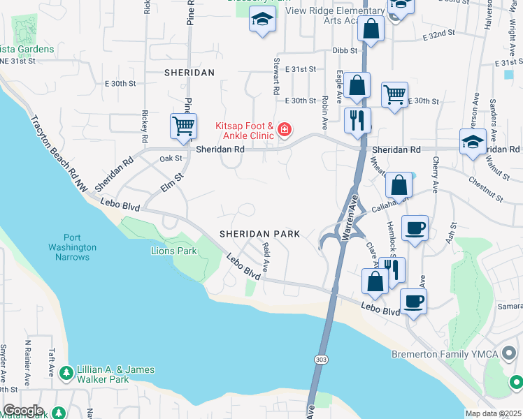 map of restaurants, bars, coffee shops, grocery stores, and more near 223 Willow Street in Bremerton